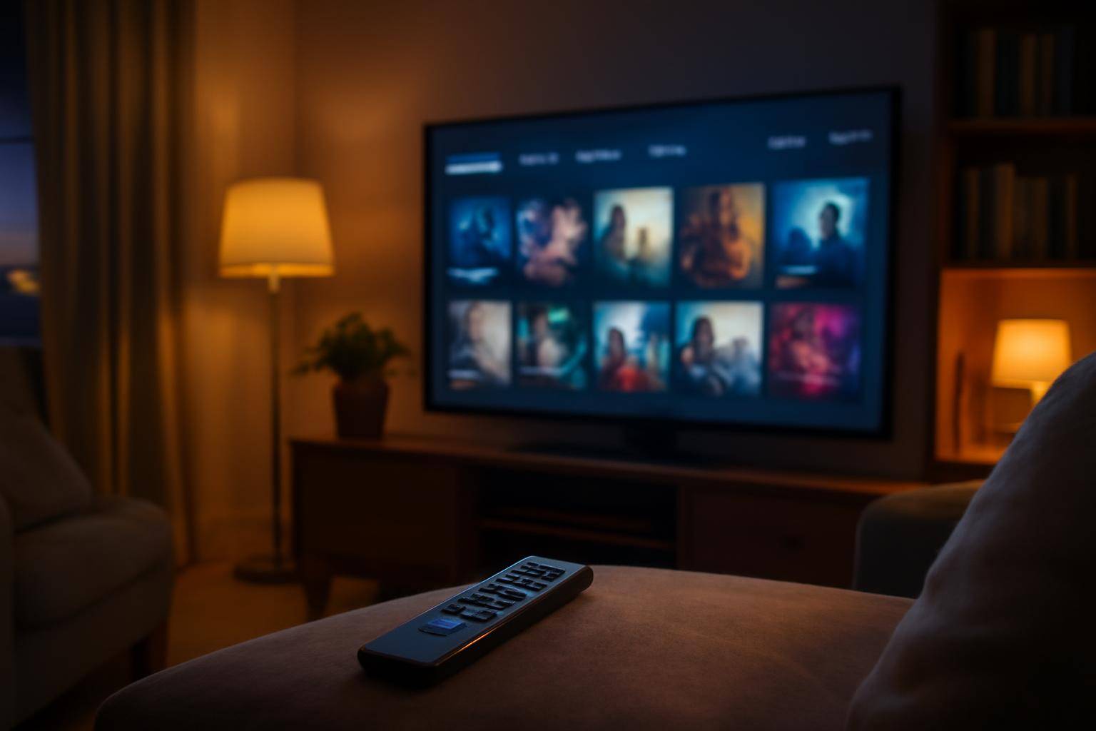 A living room television glowing with a streaming app menu, remote control resting on a couch cushion in the foreground