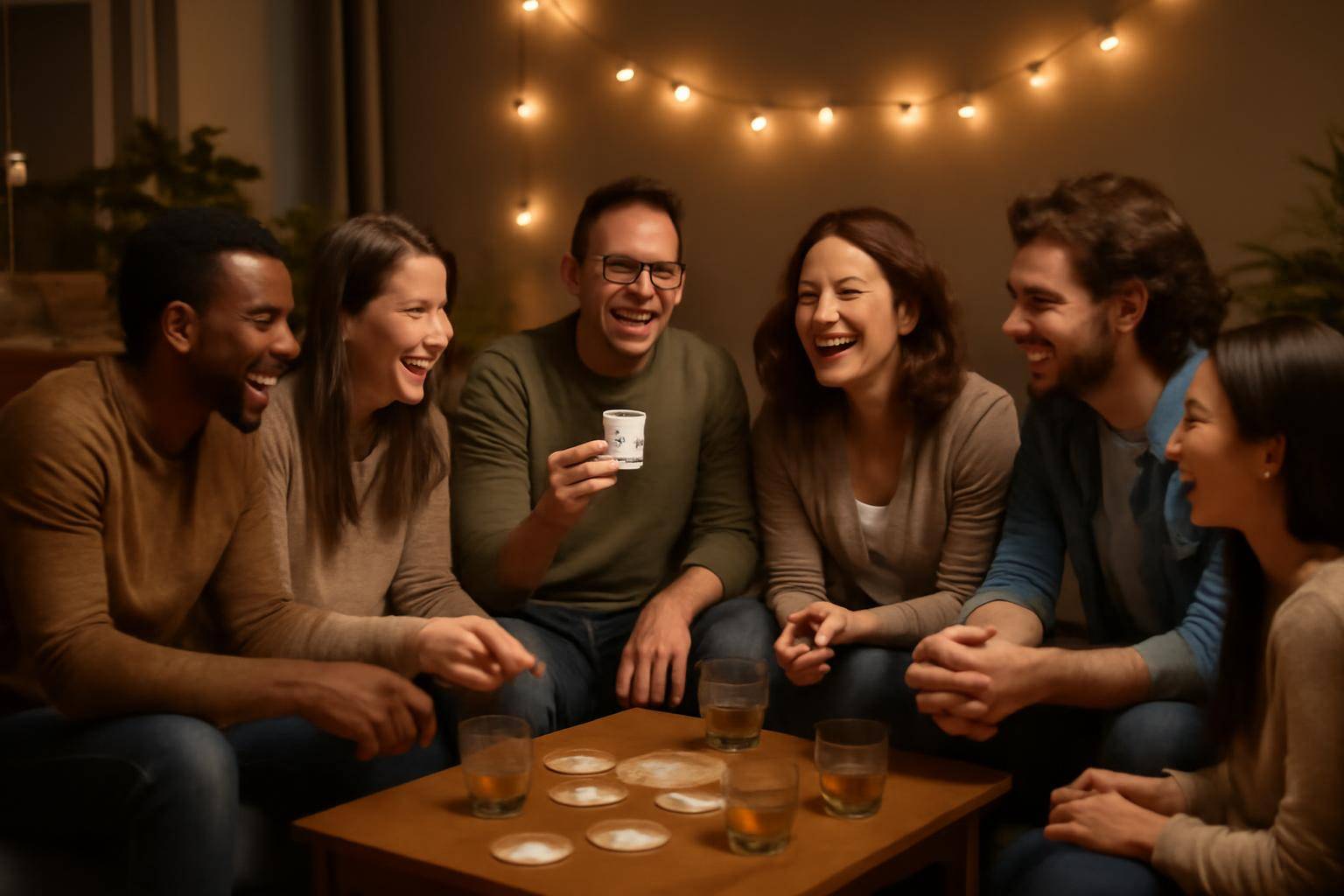 Six adults seated around a low coffee table in a dimly lit living room, laughing mid-round of a word card game with string lights behind them