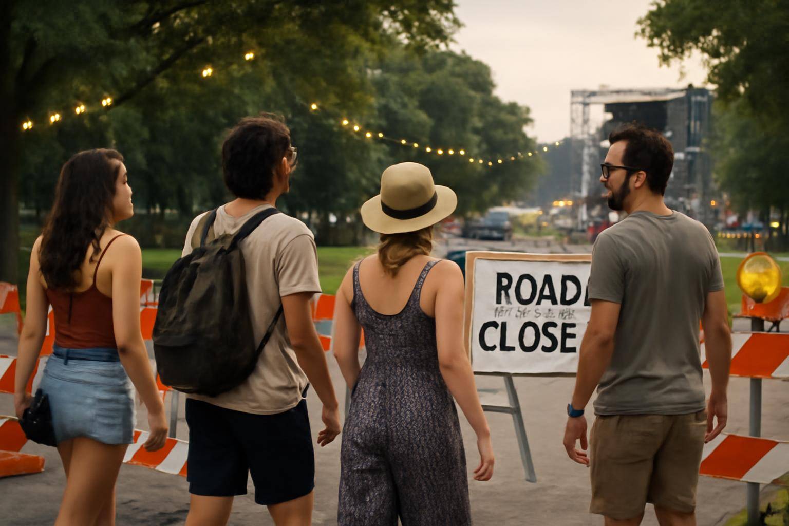 A festival crowd walking past a street closure barricade near a city park entrance