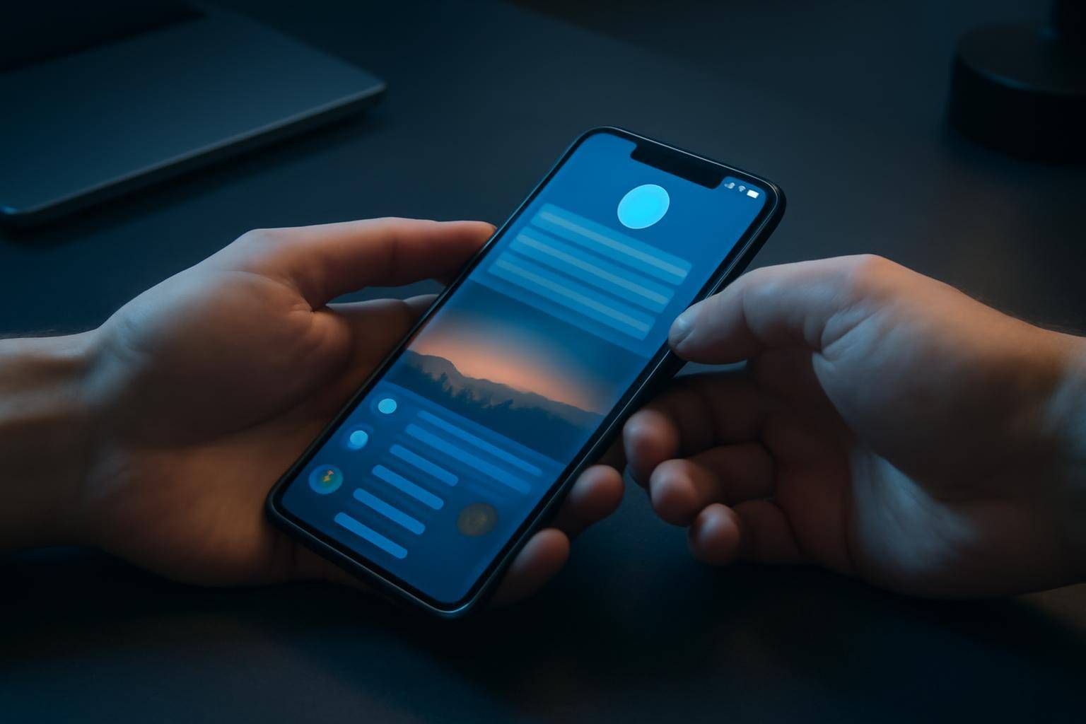 A smartphone displaying a social feed app interface being handed from one set of hands to another