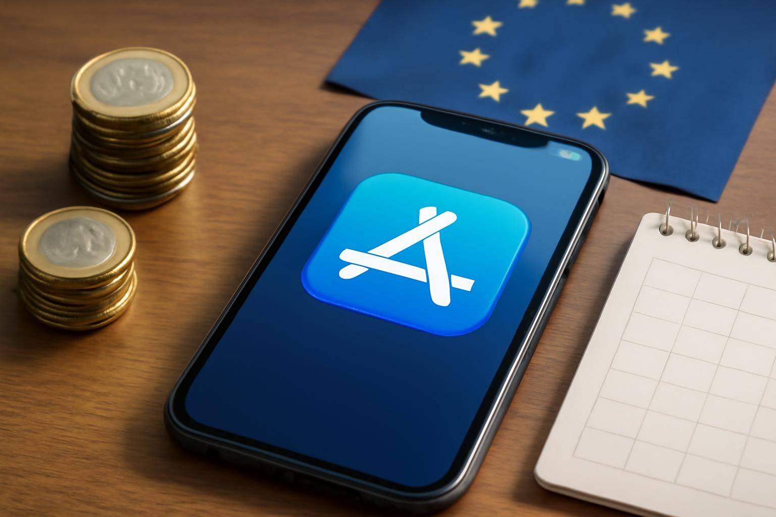 An iPhone displaying the App Store icon beside stacked euro coins and a blank desk calendar, with an EU flag motif faintly visible in the background.